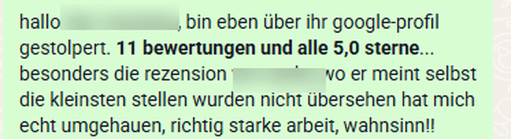 Erste WhatsApp-Nachricht, die auf die Bewertungen eines Betriebs eingeht